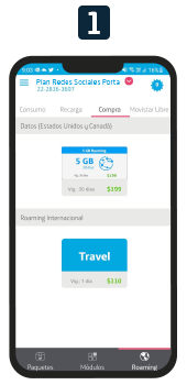 Paso 1 para activar tu Roaming de datos Internacional: Ingresa a la sección de compra y da clic en el icono de Roaming