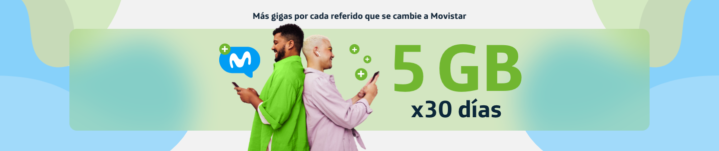 Mas gigas por cada referido que se cambie a Movistar Prepago con 5GB por 30 días. Amigos de espalda con sus celulares